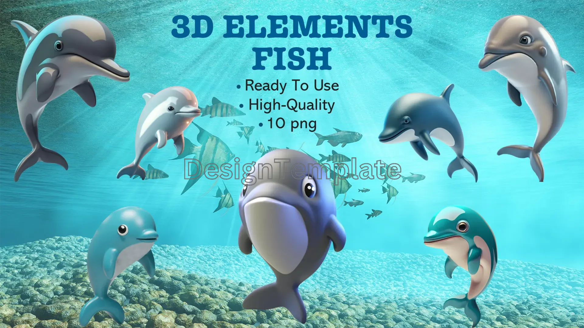 Cute 3D Dolphins in Under the Ocean Elements Pack